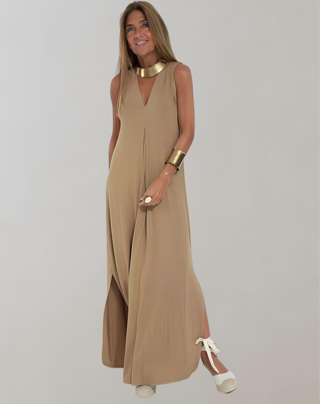 Bequemes Damen Maxikleid Slim Fit mit V-Ausschnitt, ideal für Freizeit, Urlaub & warme Frühlingstage.
