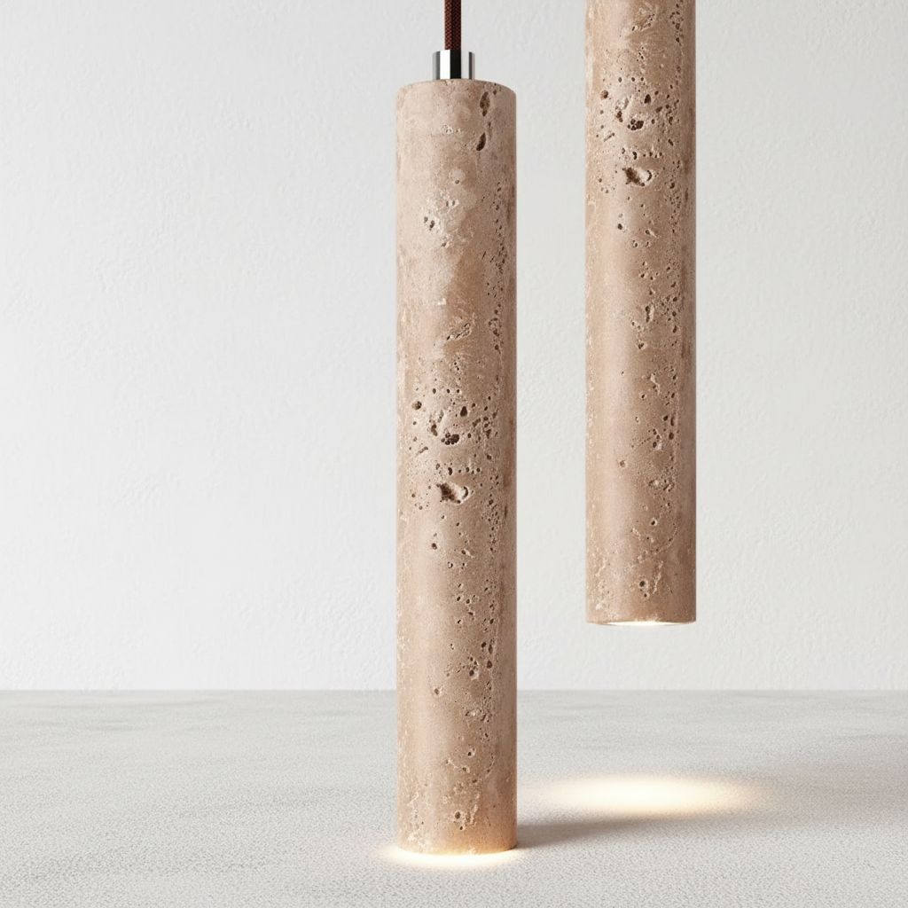 Minimalistische Wabi Sabi Hängeleuchte StoneLume. Eine LED Pendelleuchte mit warmem Licht im Travertin Look.