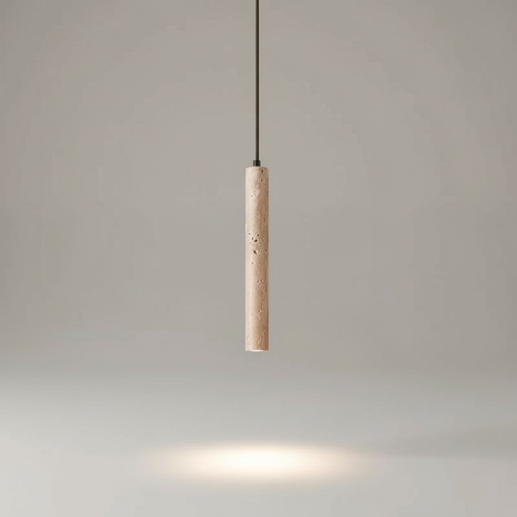 Moderne Wabi Sabi Wohnzimmerleuchte StoneLume. Pendelleuchte mit natürlicher Travertin Optik und warmem LED Licht.