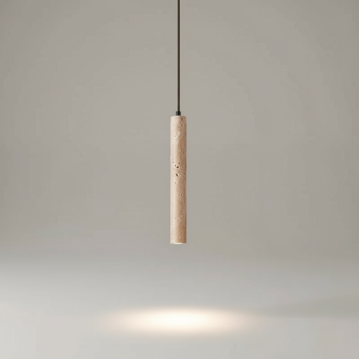 Moderne Wabi Sabi Wohnzimmerleuchte StoneLume. Pendelleuchte mit natürlicher Travertin Optik und warmem LED Licht.