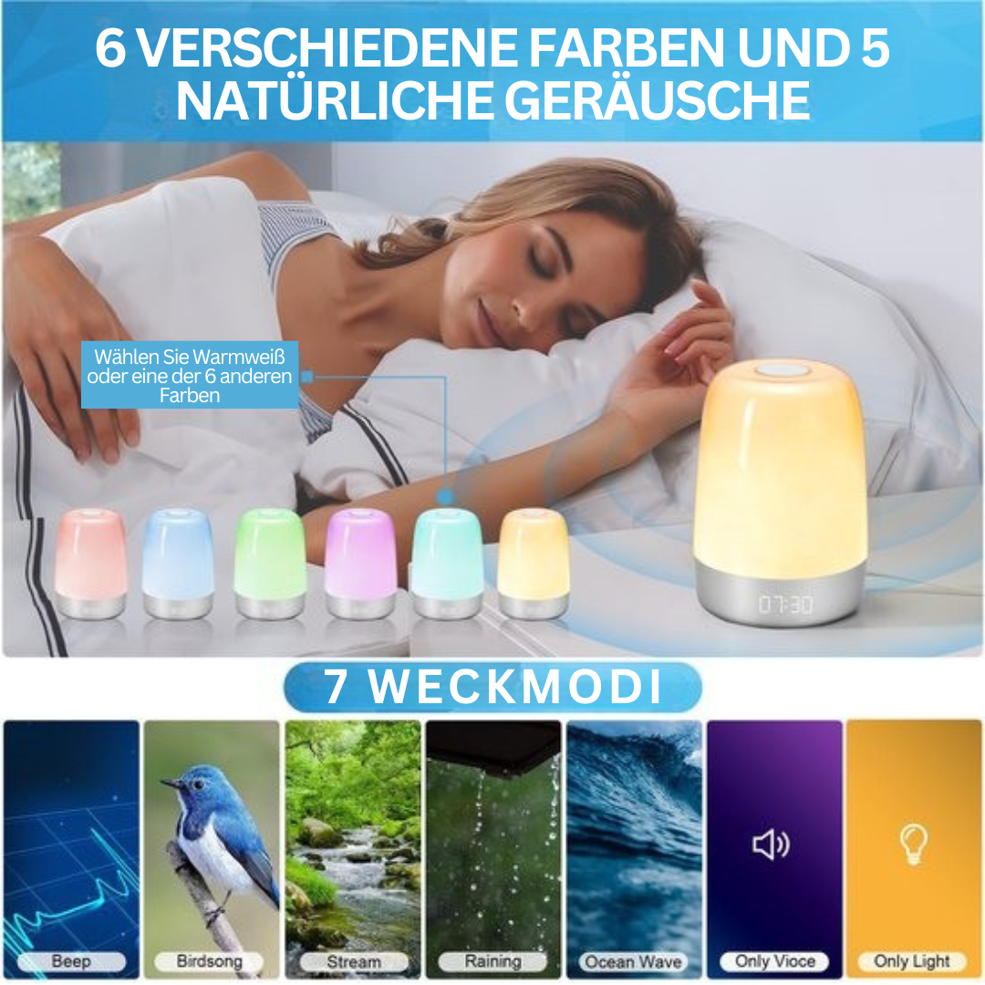 Aurora Lichtwecker als stilvolle Nachttischlampe im Schlafzimmer, fördert gesunden Schlaf mit Licht und Klang.