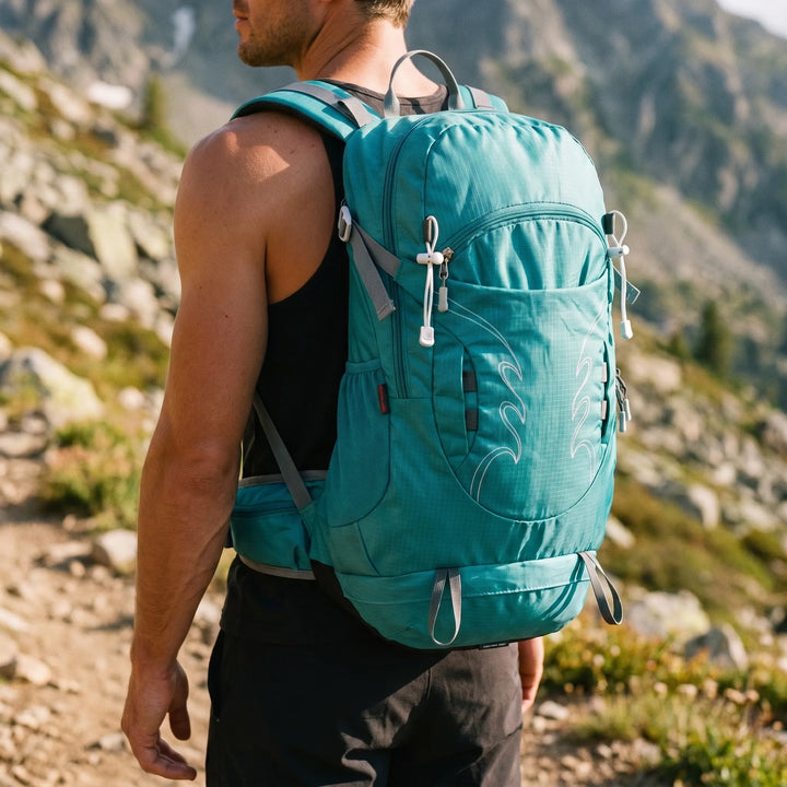 Blauer 30L Herren Wanderrucksack mit belüftetem Rücken. Perfekt für Tageswanderungen & Trekking.