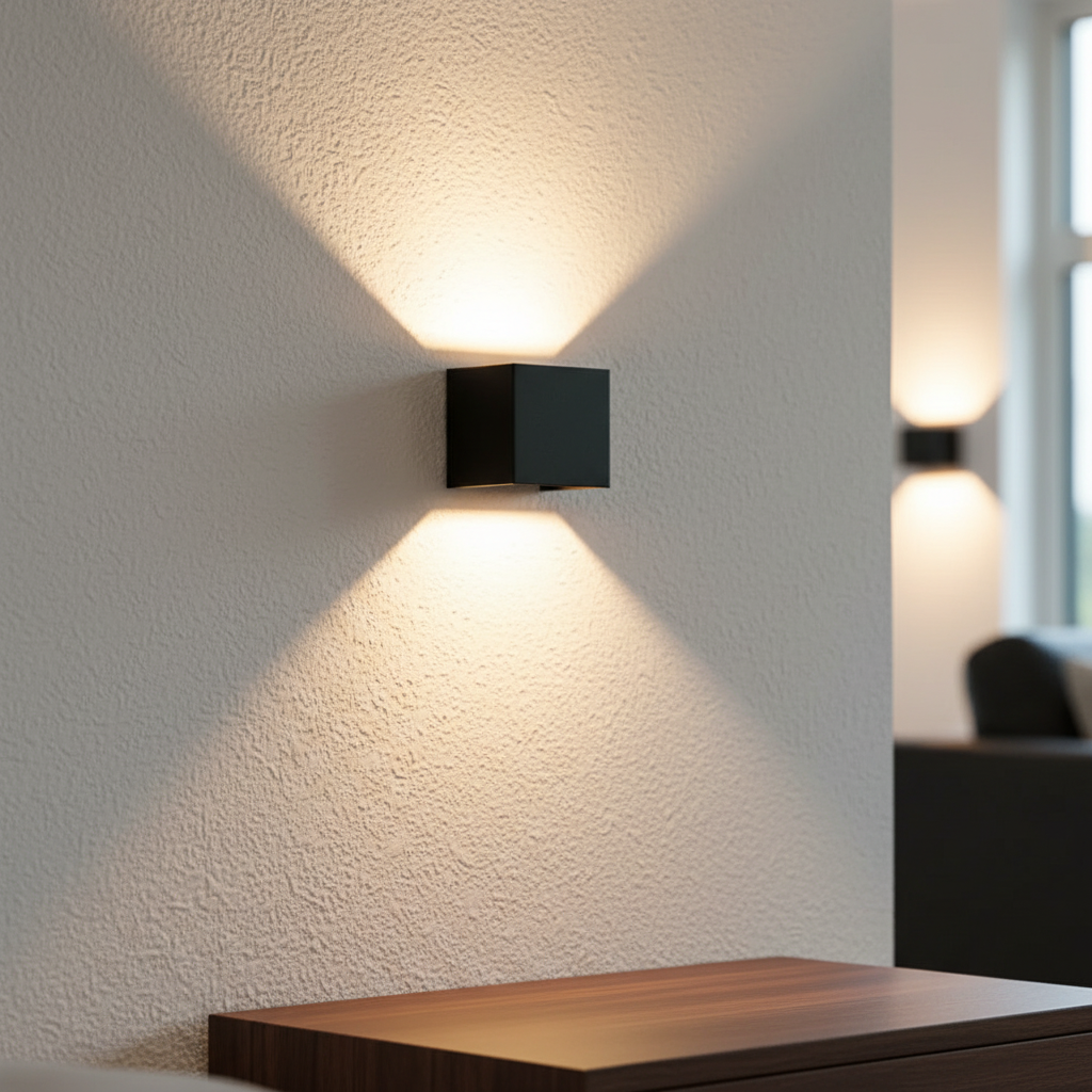 Kabellose dimmbare LED Wandleuchte LumaCube. Modernes, minimalistisches Design für stilvolle Innenbeleuchtung mit Akku.