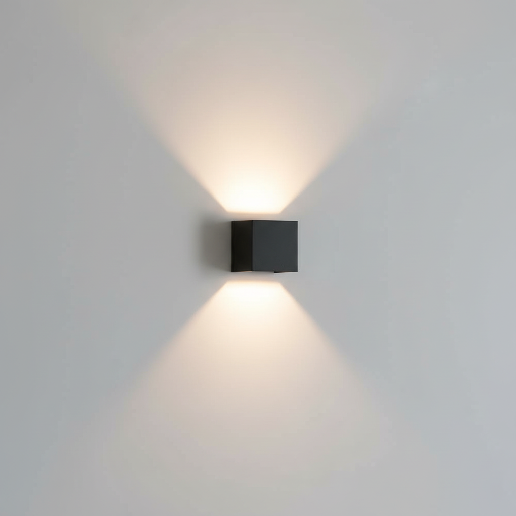 Moderne, kabellose LED Wandleuchte LumaCube für Wohnzimmer. Dimmbares Akku-Licht schafft gemütliches Ambiente.