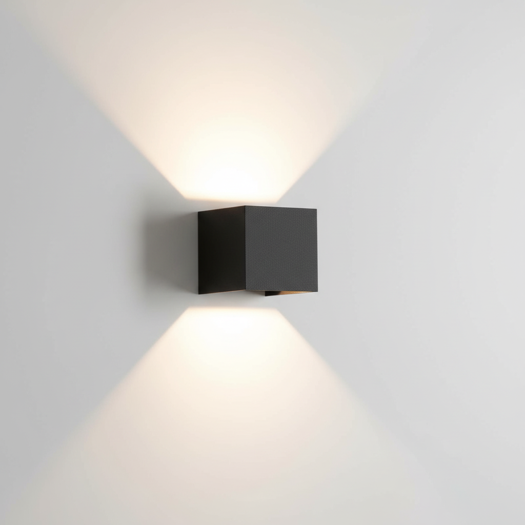 Kubische LED Wandleuchte LumaCube. Dimmbare, kabellose Akku-Leuchte für modernes Ambiente in Schlafzimmer & Flur.