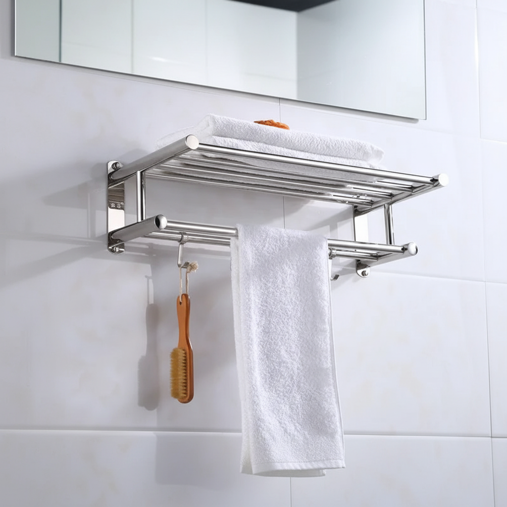 Wandmontierter Edelstahl Handtuchhalter von Toweluxe für Badezimmer, silber, modern, schafft Ordnung.