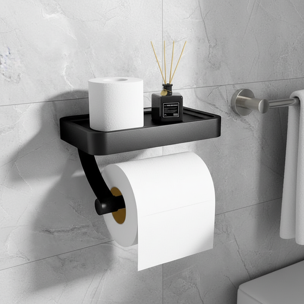 Wandmontierter Toilettenpapierhalter aus Edelstahl mit praktischer Ablage für Ihr modernes Badezimmer.