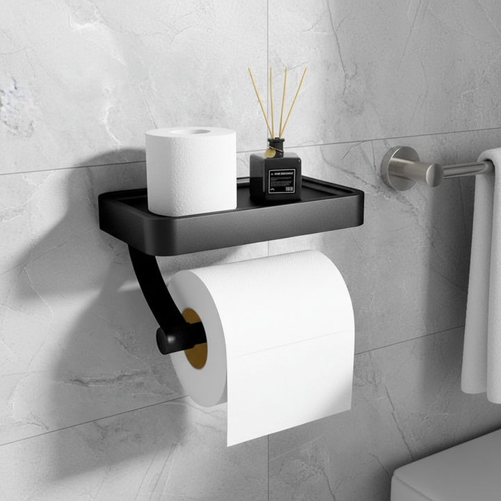 Wandmontierter Toilettenpapierhalter aus Edelstahl mit praktischer Ablage für Ihr modernes Badezimmer.