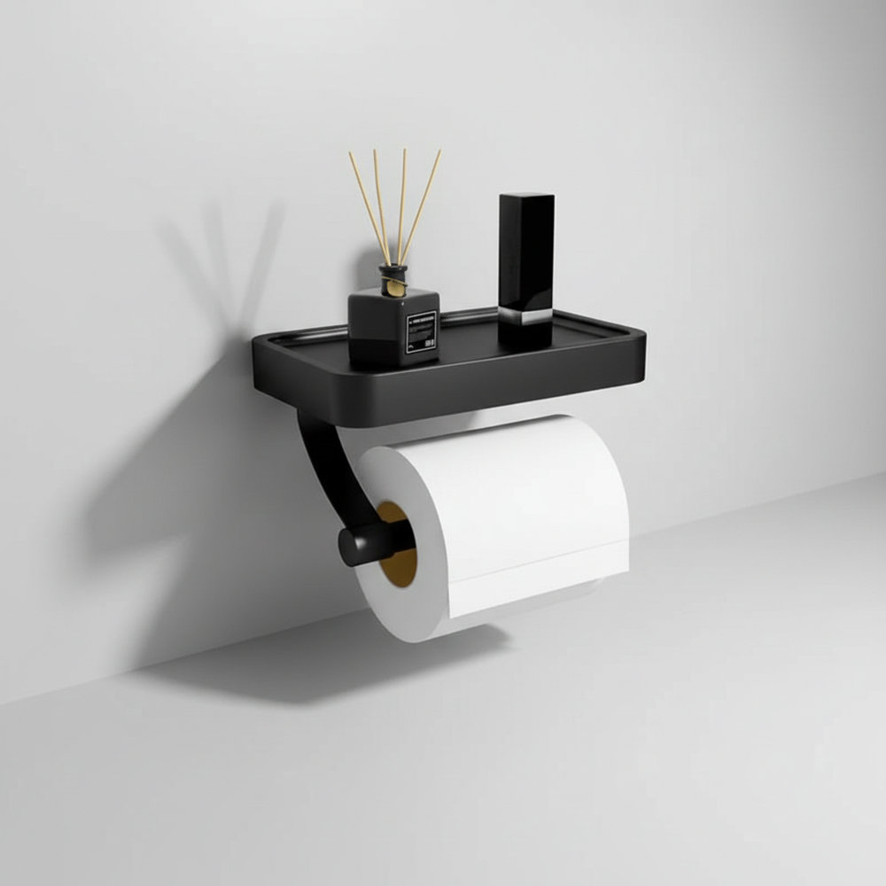 Stilvoller Rollenhalter mit Ablage, ideal für Smartphones, Feuchttücher. Modernes Design, platzsparend.