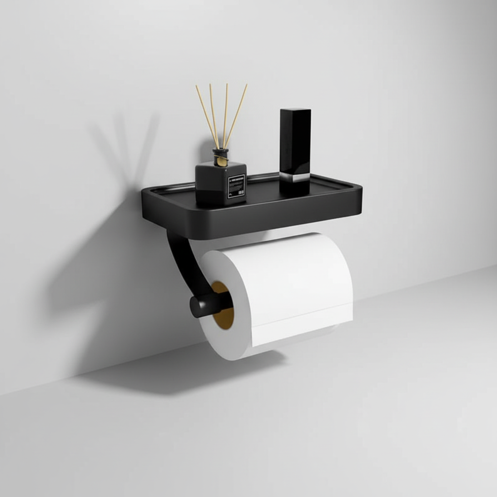 Stilvoller Rollenhalter mit Ablage, ideal für Smartphones, Feuchttücher. Modernes Design, platzsparend.
