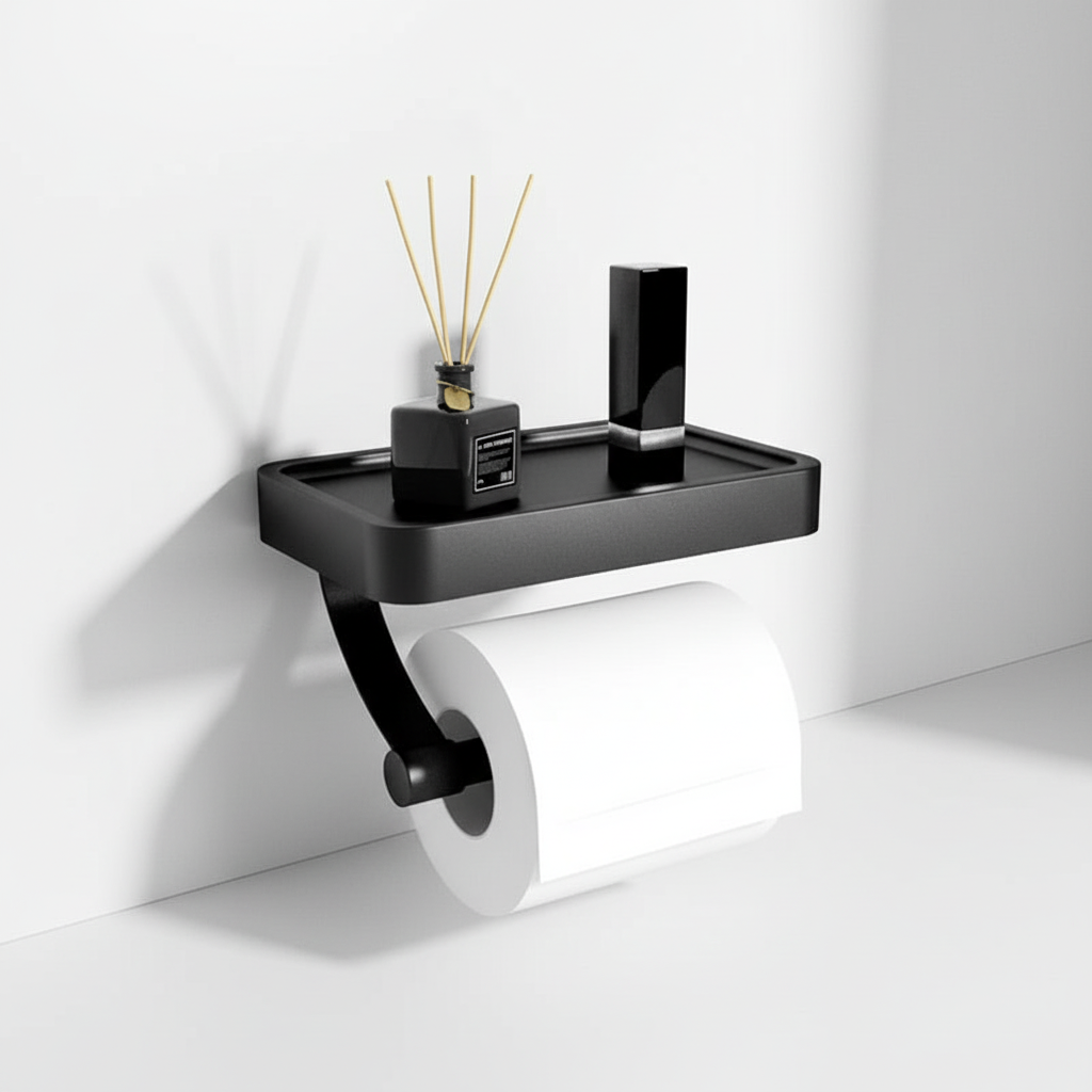 Eleganter Wandhalter aus Edelstahl für Toilettenpapier, inklusive Ablage für zusätzlichen Stauraum im Bad.