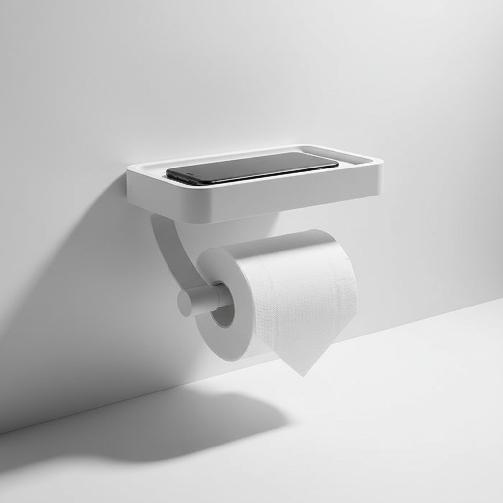Moderner Toilettenpapierhalter mit Ablage, RollDock Design. Perfektes Badzubehör für minimalistische Bäder.