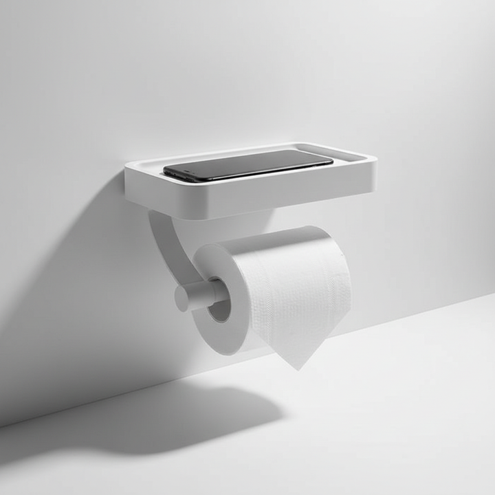 Moderner Toilettenpapierhalter mit Ablage, RollDock Design. Perfektes Badzubehör für minimalistische Bäder.