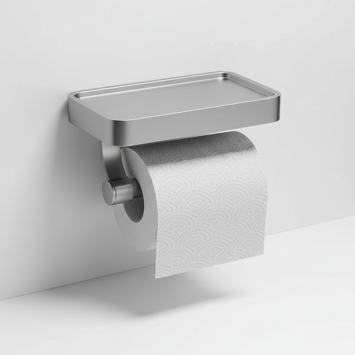 Funktionaler Toilettenpapierrollenhalter aus robustem Edelstahl mit nützlicher Handy-Ablage.