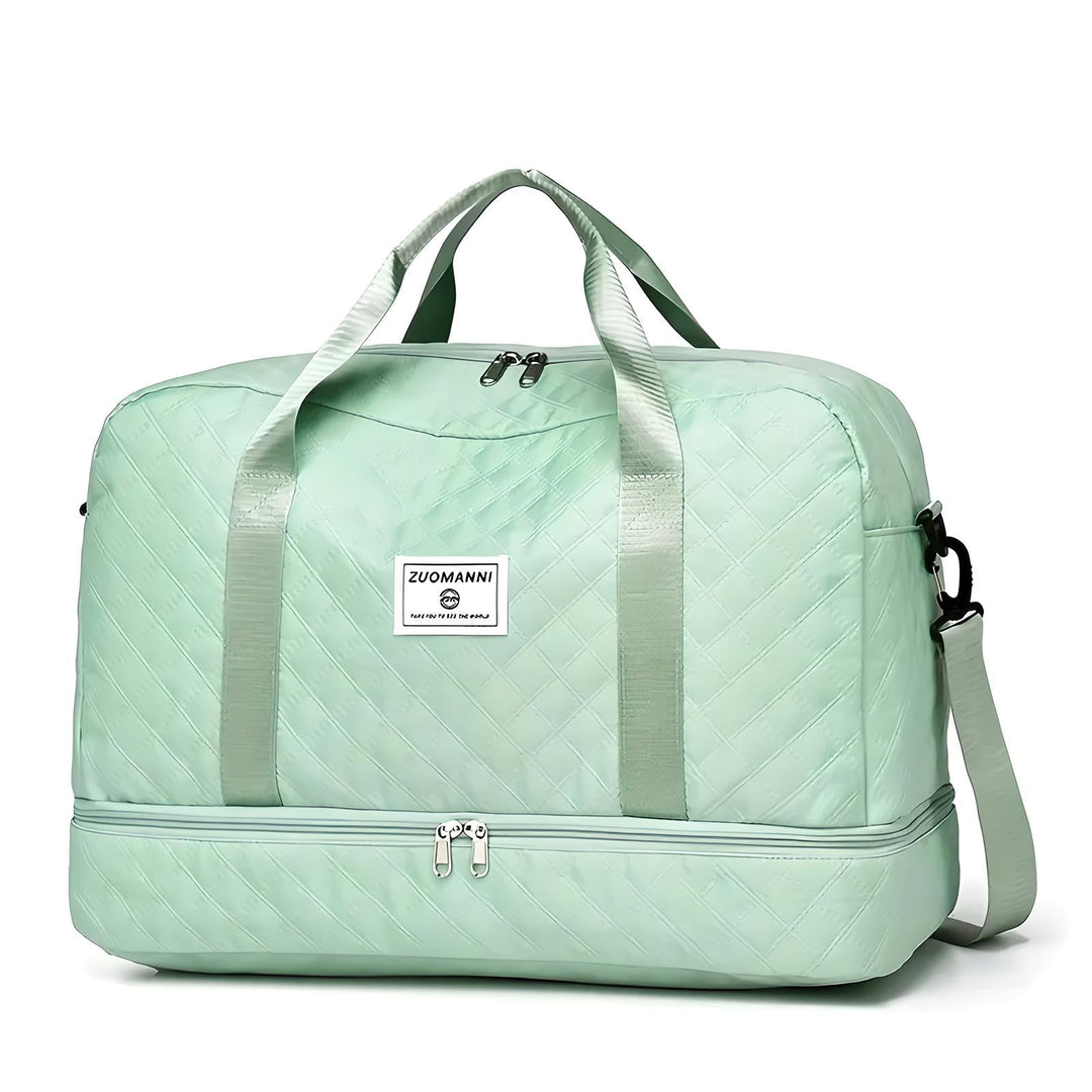 Detailansicht des robusten Reißverschlusses und des eleganten Materials der Business Handgepäck Reisetasche für Damen.
