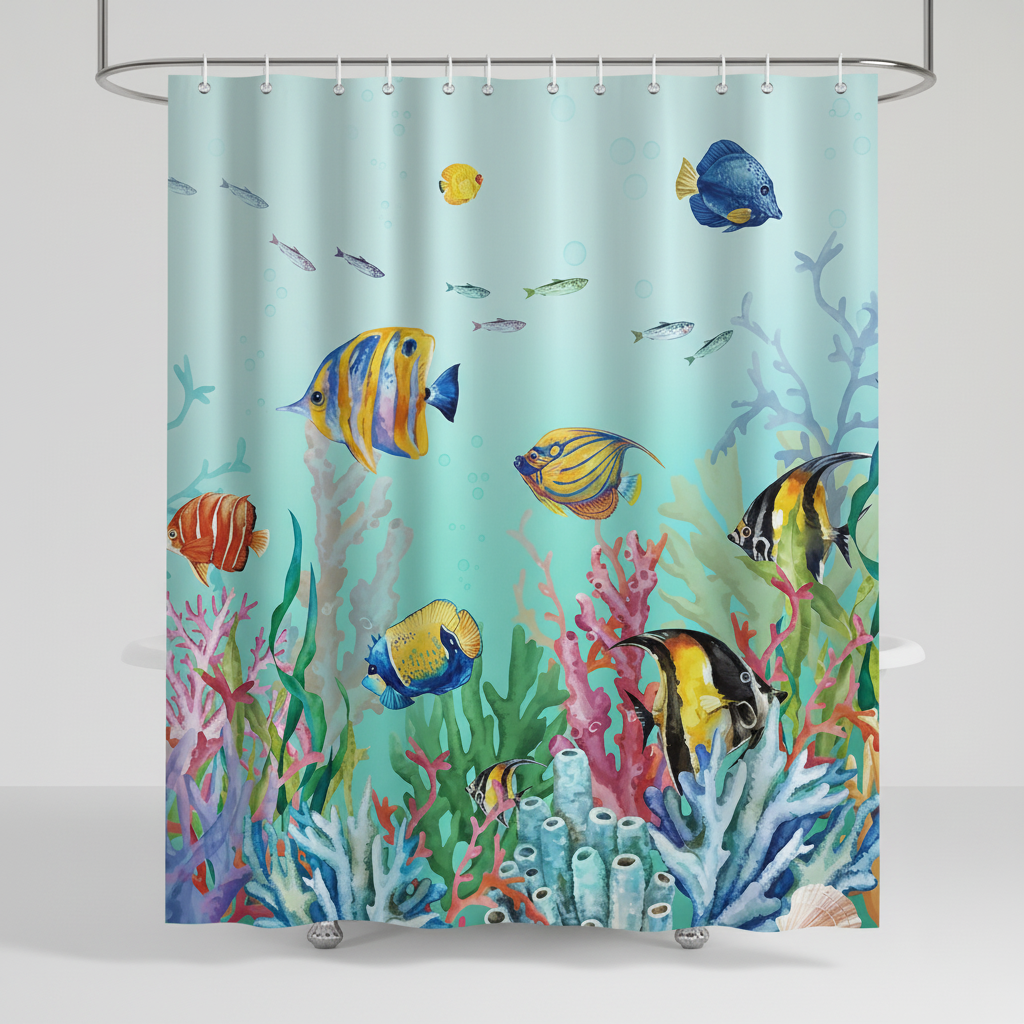 Moderner, pflegeleichter Polyester Duschvorhang mit Unterwasserwelt-Motiv, ein Badaccessoire für Ihr Zuhause.