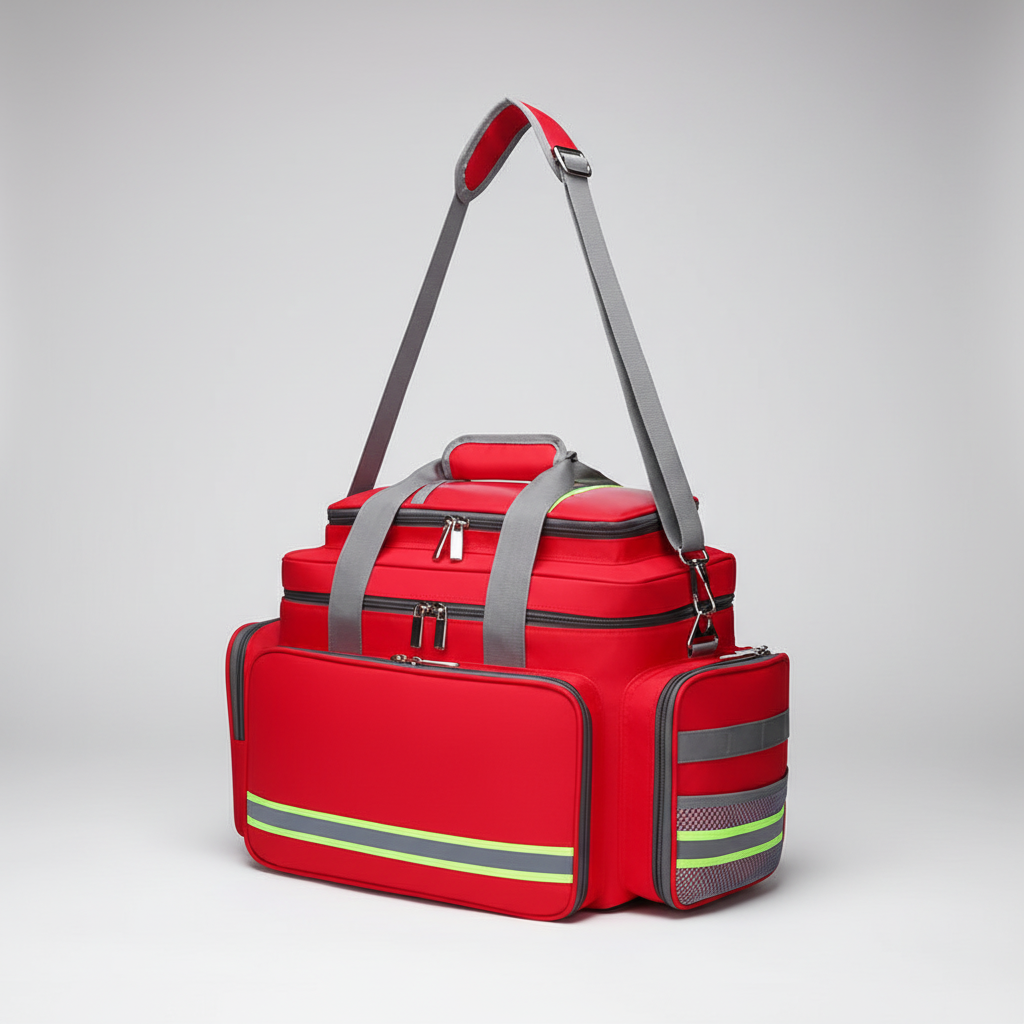 Organisierte wasserdichte Notfalltasche, offen, zeigt Fächer für Notfallausrüstung & Erste-Hilfe-Zubehör.