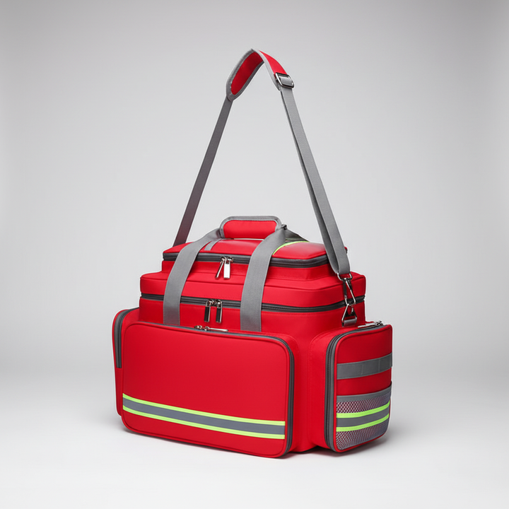 Organisierte wasserdichte Notfalltasche, offen, zeigt Fächer für Notfallausrüstung & Erste-Hilfe-Zubehör.