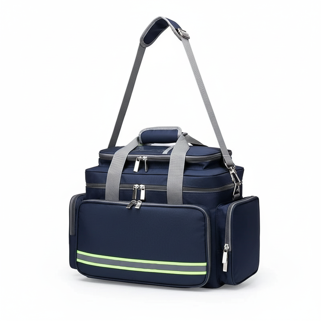 Nahaufnahme der wasserdichten Polyester-Notfalltasche mit robustem Reißverschluss, zeigt hochwertige Verarbeitung.