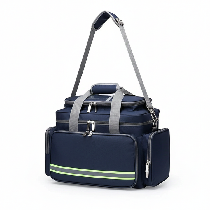 Nahaufnahme der wasserdichten Polyester-Notfalltasche mit robustem Reißverschluss, zeigt hochwertige Verarbeitung.