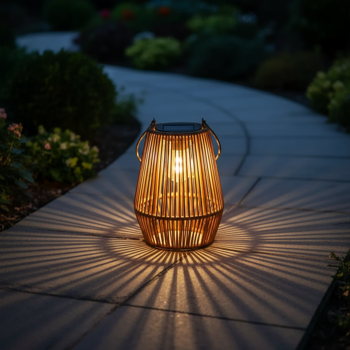 Wasserdichte Solarlampe Außen DuskWeave Rattan-Design, LED-Gartenbeleuchtung für Terrasse & Balkon mit Ambiente.
