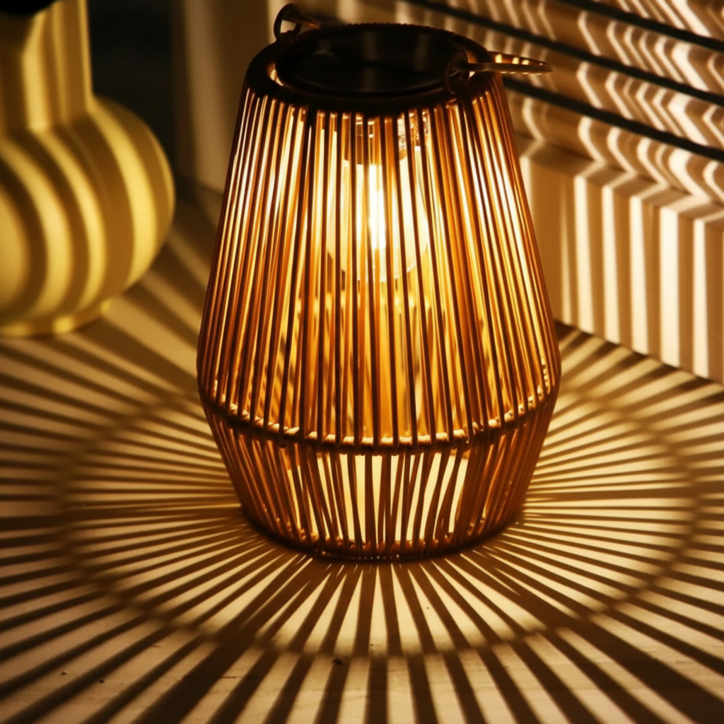 Wasserdichte Solarlampe Außen im Rattan-Look, perfekt für Balkon, Terrasse & Garten, energieeffiziente LED-Außenbeleuchtung.