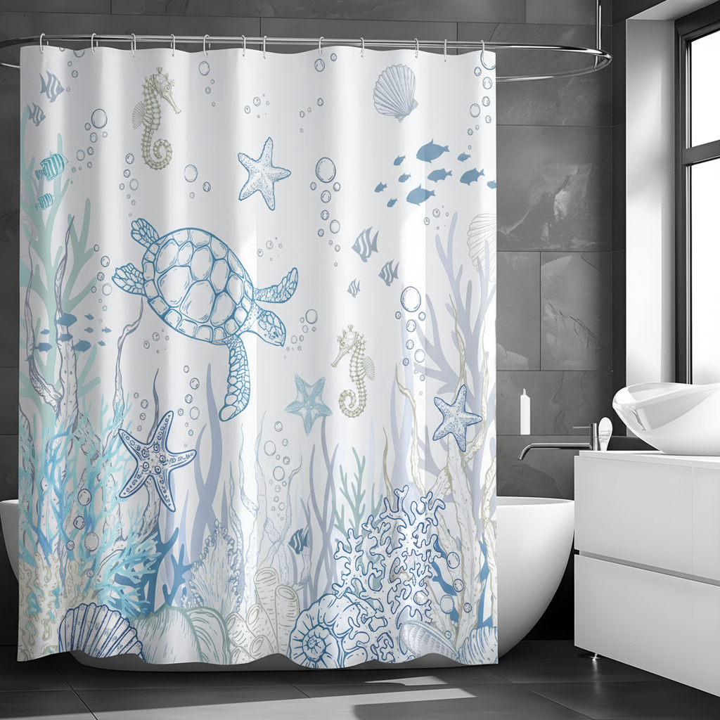 Wasserdichter Duschvorhang mit Unterwasserwelt-Motiv, Polyester, pflegeleicht für Ihre Badezimmerdeko.