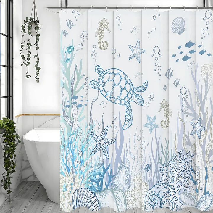 Maritimer Badezimmer-Duschvorhang mit Schildkröten und Unterwasserwelt, aus wasserdichtem, langlebigem Polyester.