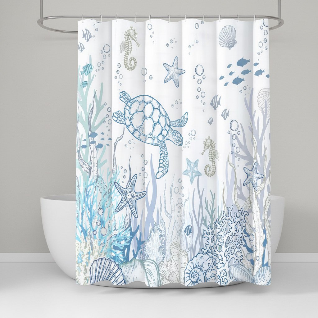 Verwandeln Sie Ihr Bad mit diesem wasserdichten Polyester-Duschvorhang im Unterwasserwelt-Design & Meerestieren.