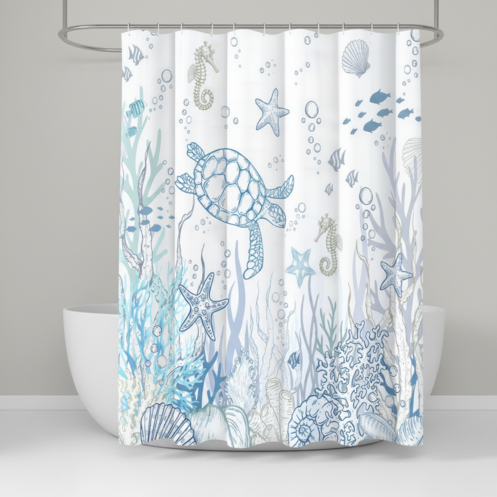 Verwandeln Sie Ihr Bad mit diesem wasserdichten Polyester-Duschvorhang im Unterwasserwelt-Design & Meerestieren.