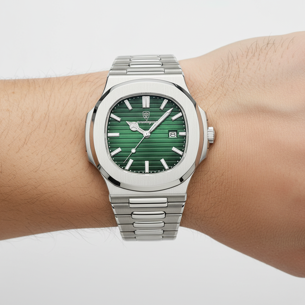 Makroaufnahme des polierten Edelstahlgehäuses der wasserresistenten Herrenuhr TimeMaster.