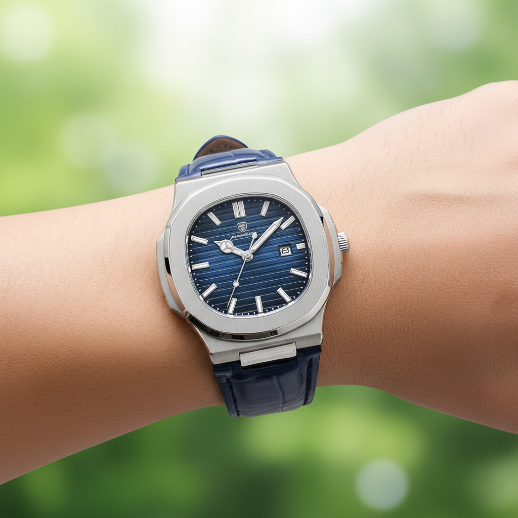 Detailansicht der TimeMaster Herren Armbanduhr aus Edelstahl, wasserresistent und stilvoll.