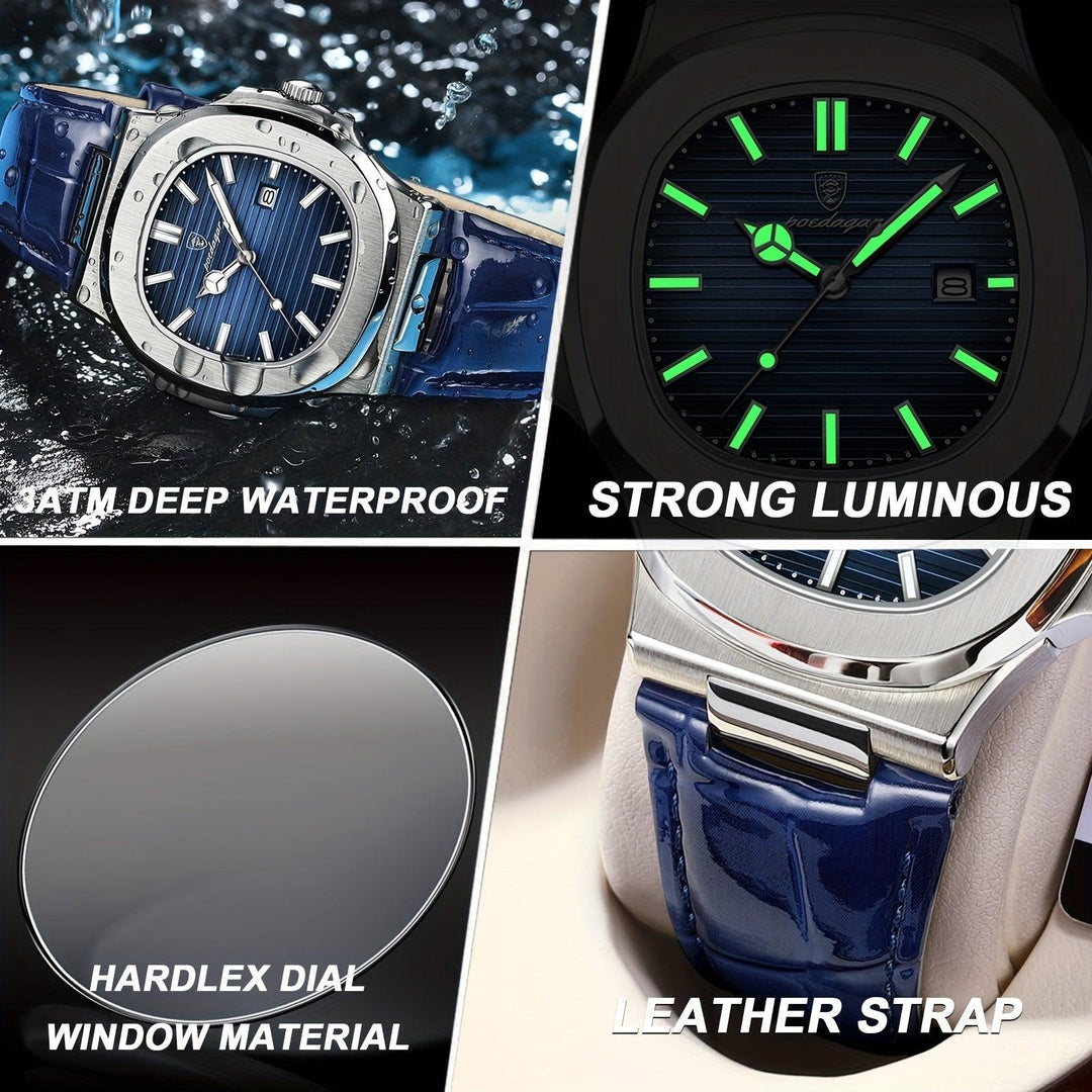 Detailaufnahme der Lünette und des Zifferblatts der wasserresistenten Herren Armbanduhr.