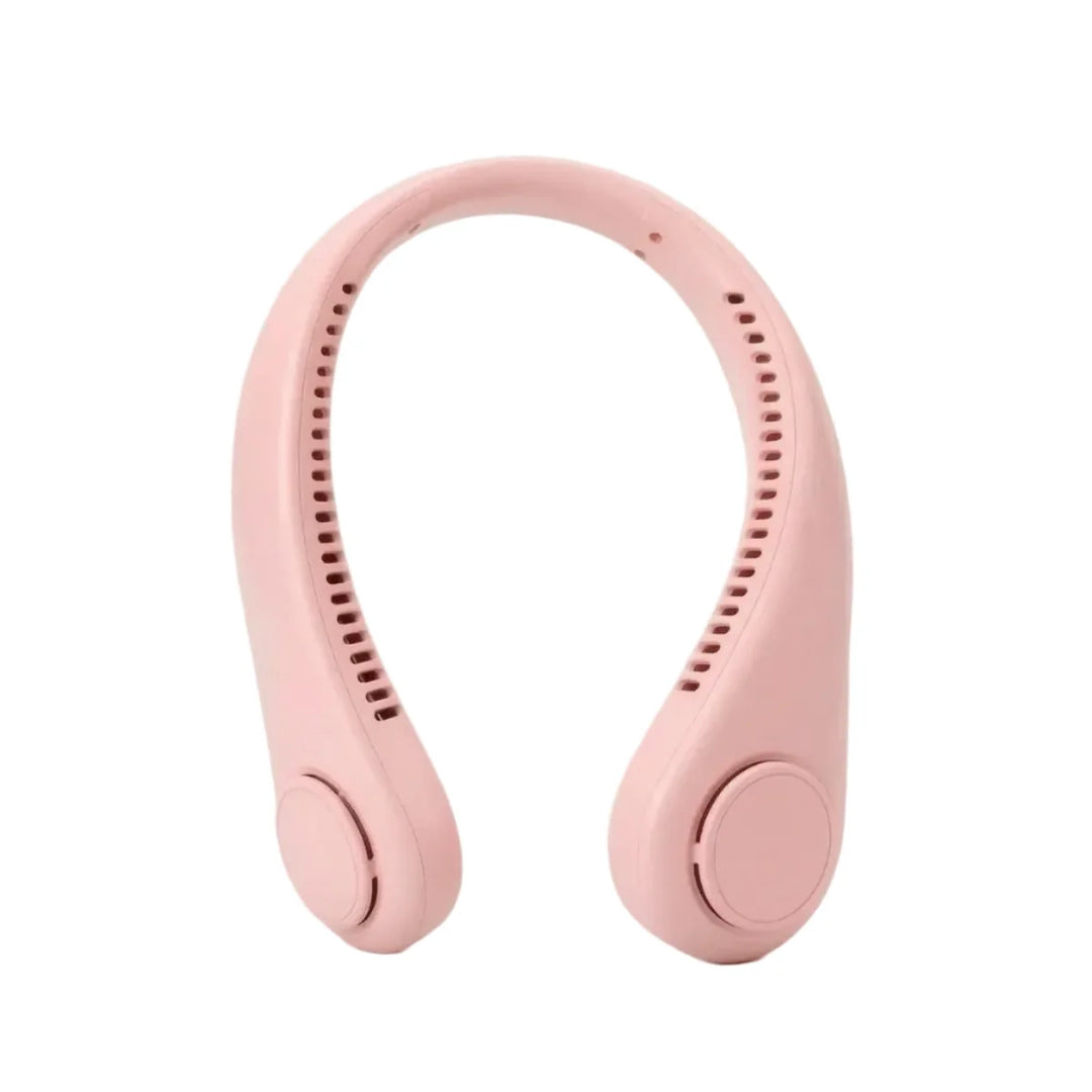 Tragbarer Nackenventilator in Weiß/Pink, flügelloses Design, 3 Kühlstufen für angenehme Frische unterwegs.