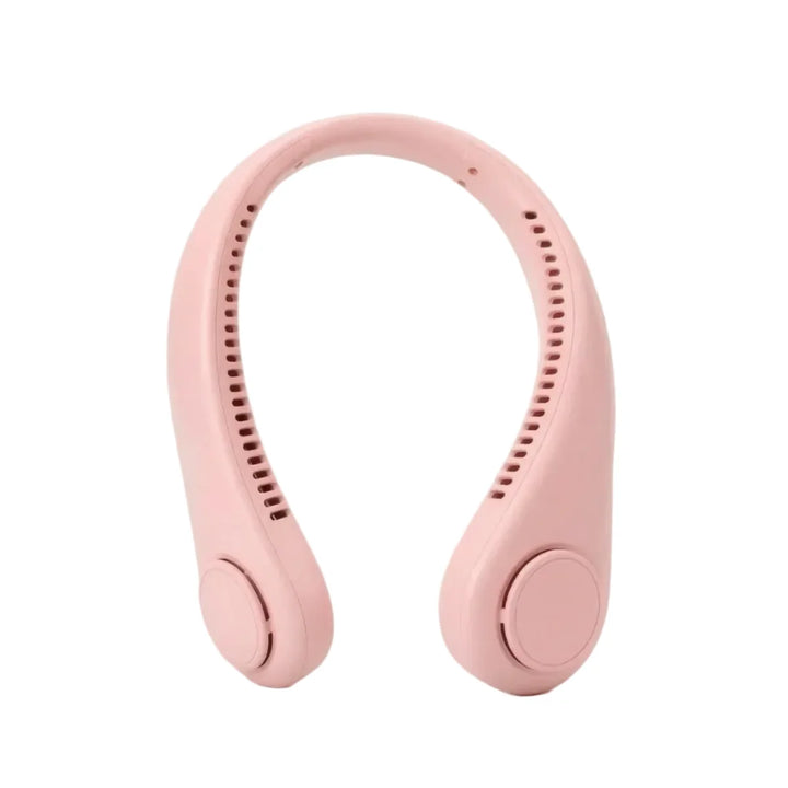 Tragbarer Nackenventilator in Weiß/Pink, flügelloses Design, 3 Kühlstufen für angenehme Frische unterwegs.