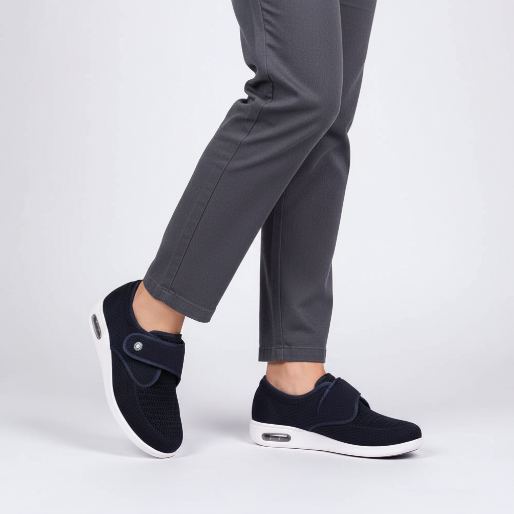 Eine Frau trägt die bequemen Damen Sneaker Esmeralda beim Spaziergang, zeigt weiten Schnitt und Komfort.