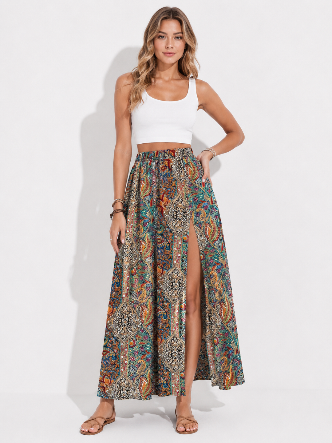 Eleganter Damen Maxirock im Boho-Stil mit Wellenfall-Muster, perfekt für den Sommer und Freizeit.