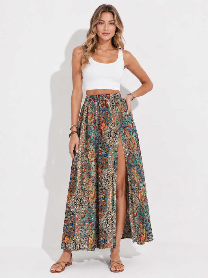 Eleganter Damen Maxirock im Boho-Stil mit Wellenfall-Muster, perfekt für den Sommer und Freizeit.
