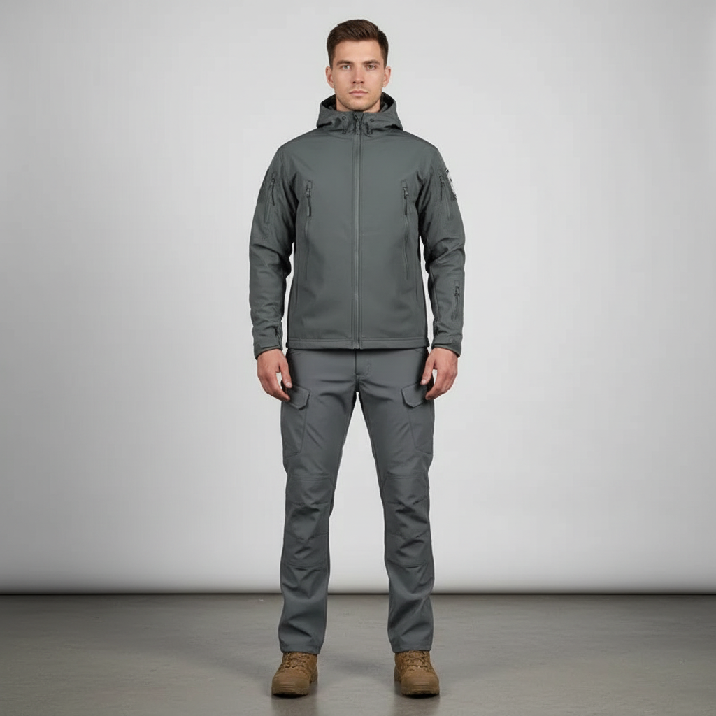 Wind- & wasserdichtes Herren Wanderbekleidungs-Set. Hochwertige Funktionskleidung für extremen Wetterschutz im Freien.