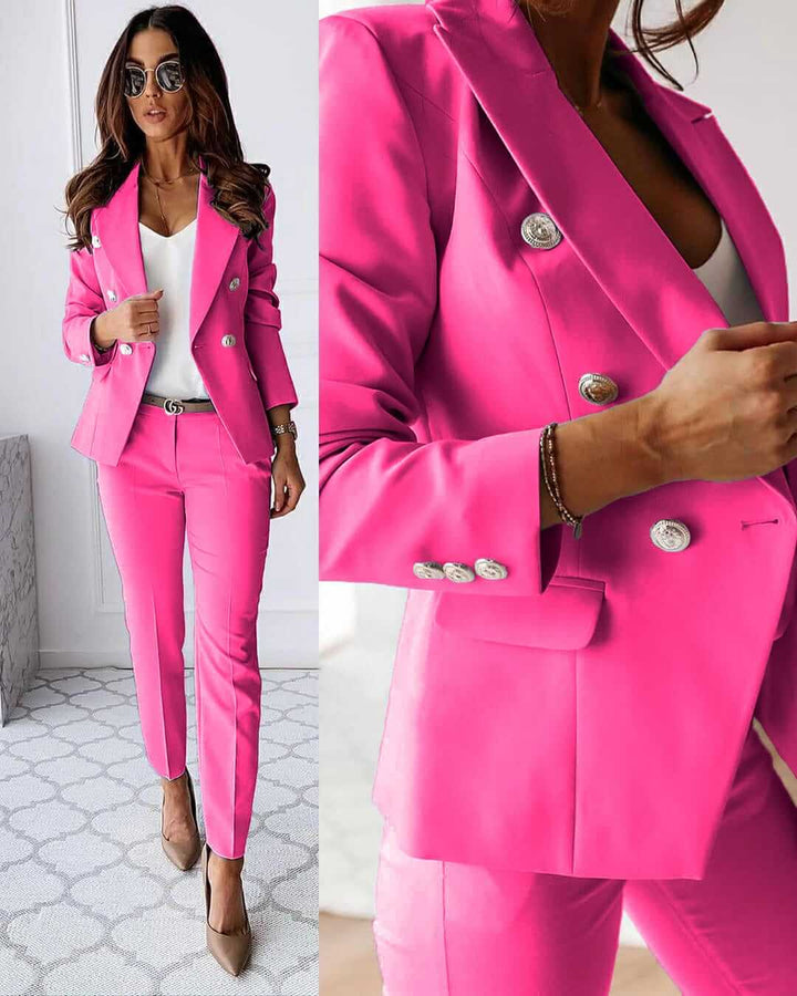 Stilvoller Damenanzug Set: klassischer Blazer & elegante Hose, ideal als komplettes Outfit für Business und Freizeitmode.