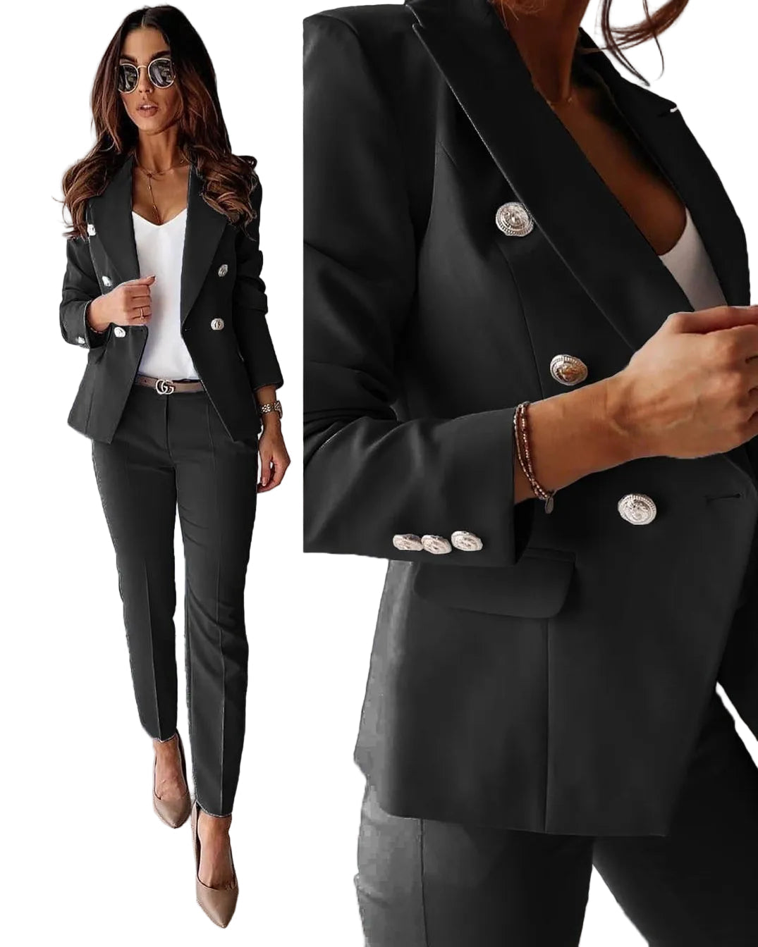 Eleganter Damen Hosenanzug mit tailliertem Blazer und langer Hose für stilvolle Business-Looks und formelle Anlässe.