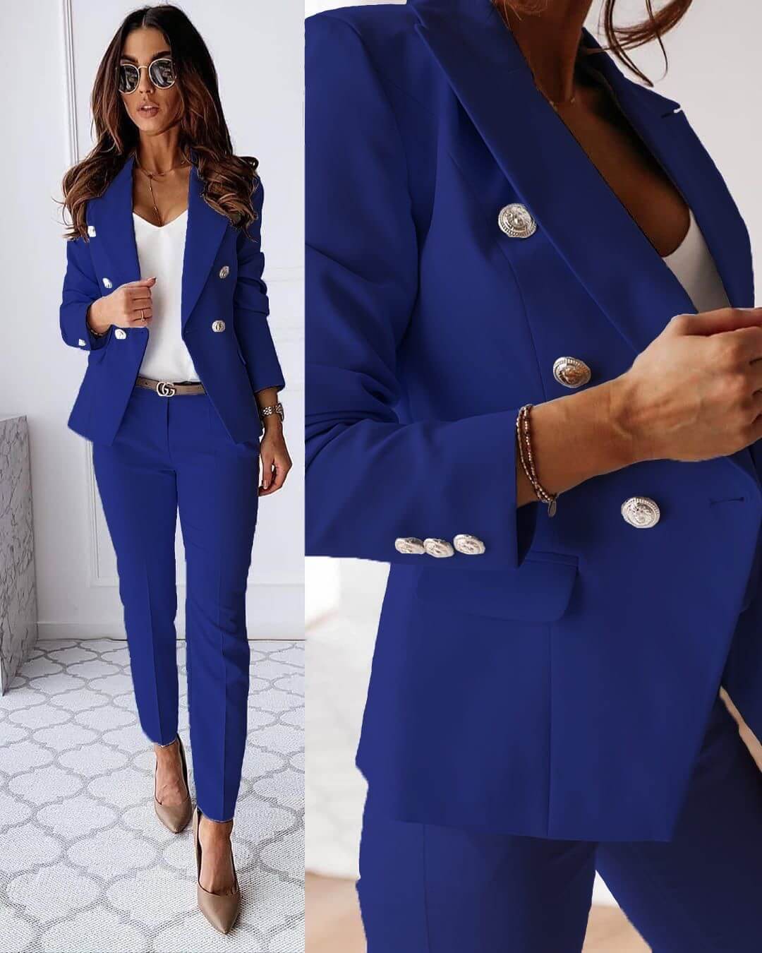 Detailaufnahme: Taillierter Damen Blazer als Teil des Hosenanzugs, ideal für geschäftliche und elegante Anlässe.