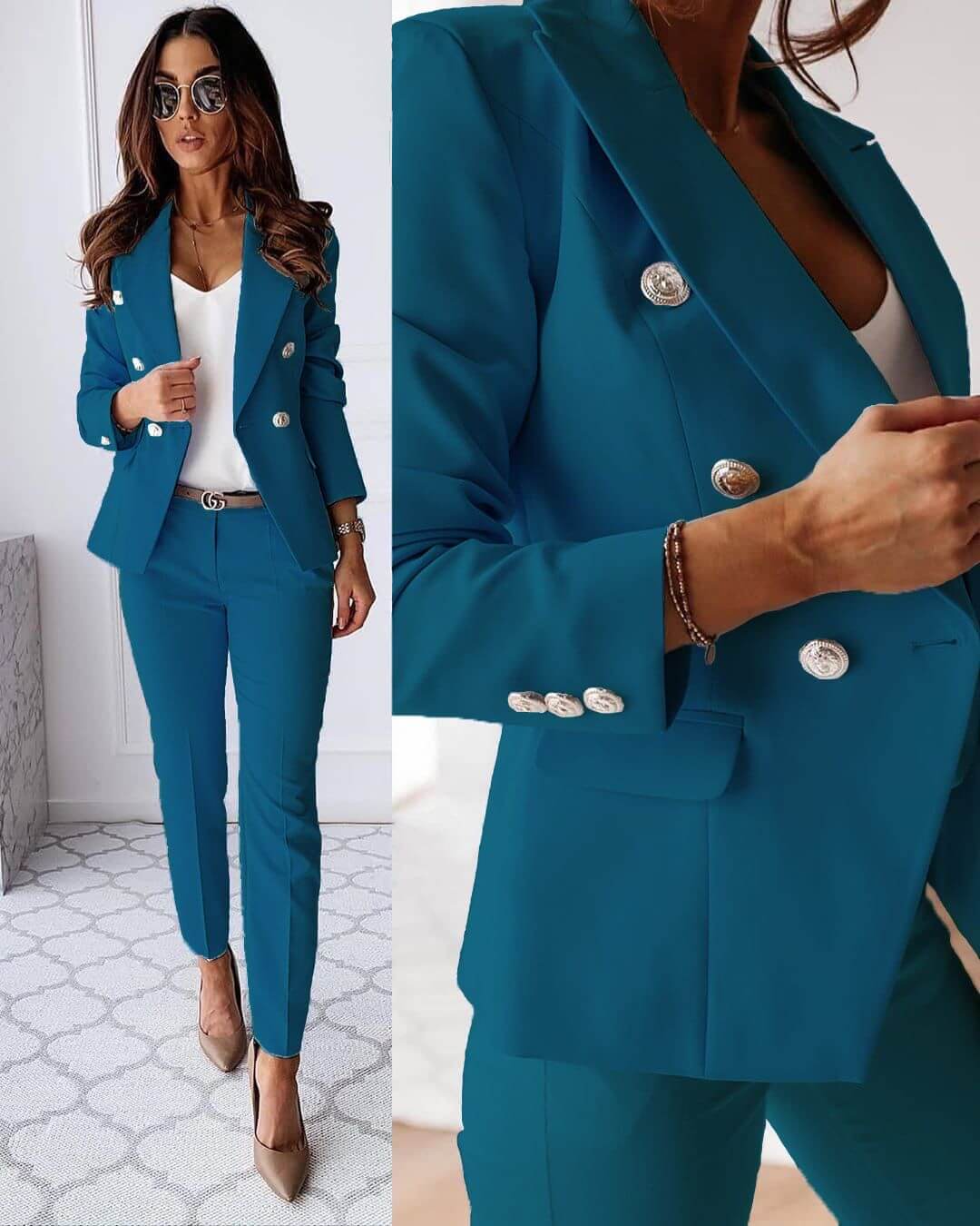 Komplettes Damen Outfit: eleganter Blazer und lange Hose als schicker Hosenanzug, perfekt für Frauen.