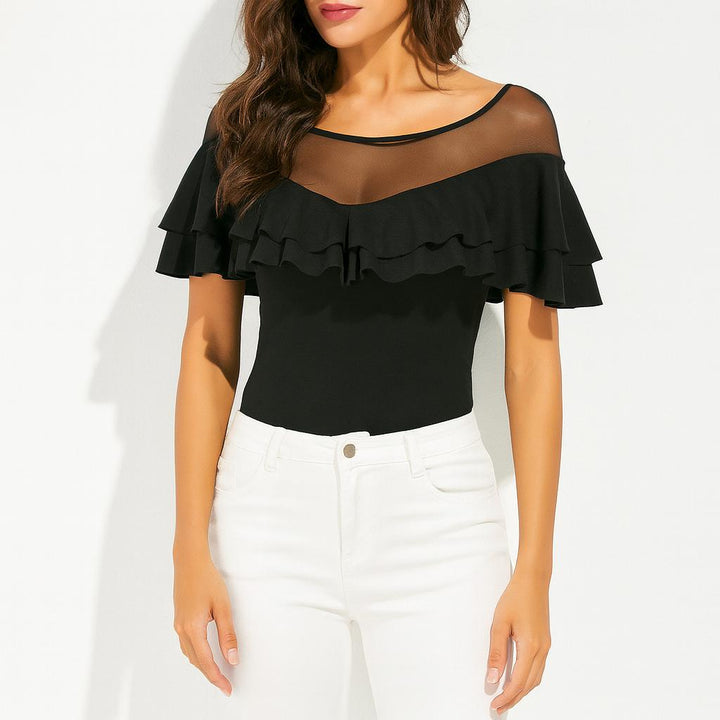 Elegantes Damen Langarm Top, figurbetont mit transparentem Einsatz & modischen Raffungen.