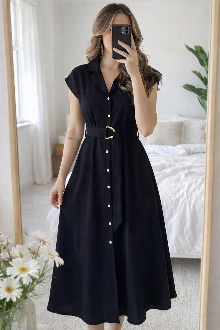 Elegantes Damen Midikleid mit Ringgürtel & Knopfleiste. Perfekt für Sommer & Freizeit, feminine Mode.