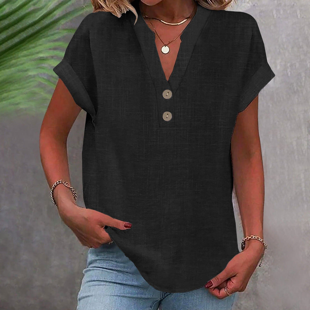 Langes Damen Kurzarm-Shirt mit modischem V-Ausschnitt, atmungsaktiv und ideal für warme Sommertage.