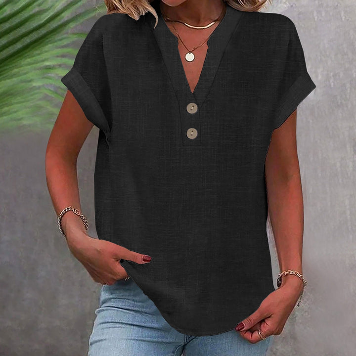 Langes Damen Kurzarm-Shirt mit modischem V-Ausschnitt, atmungsaktiv und ideal für warme Sommertage.