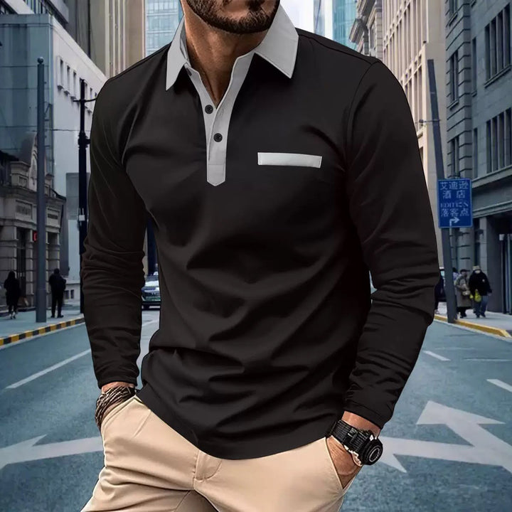 Stilvolles schwarzes Herren Langarmpolo mit Kontrastkragen, vielseitig kombinierbar für Eleganz & Freizeitmode.