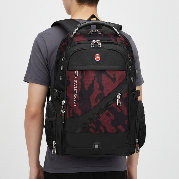 Person trägt praktischen multifunktionalen Rucksack für Alltag & kurze Reisen. Wasserdicht.