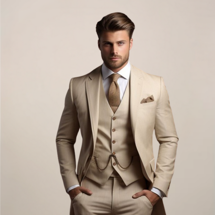 Eleganter Herren Dreiteiler Wilhelm, maßgeschneidert für Business oder Hochzeit. Perfekter formeller Anzug.